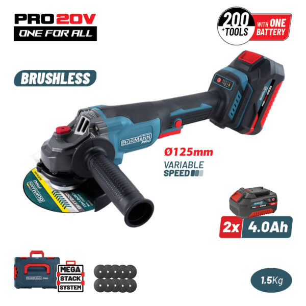 BORMANN Pro BBP3651X44CA Γωνιακός Τροχός Brushless Ρυθμιζόμενος 20V, 3000/5400/8000rpm, 2×4.0Ah